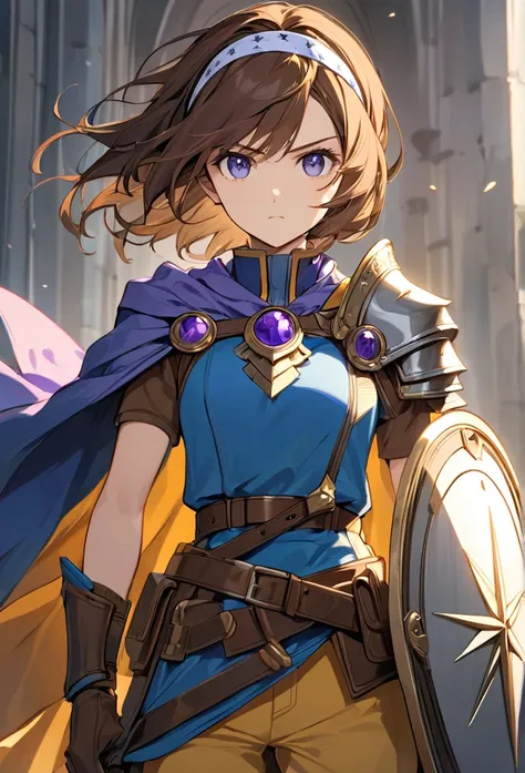 Upper body close-up（((masterpiece), on)A young, heroic anime-style female warrior stands confidently, holding a sword in her right hand and carrying a large silver shield on her back. She has spiky brown hair, a headband with a gemstone in the center, and ...