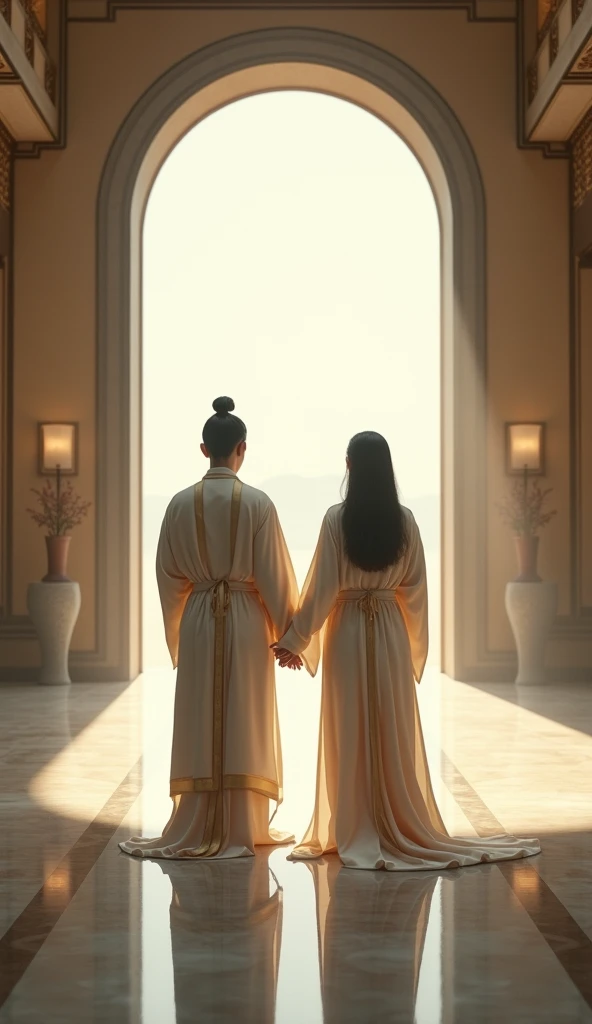 Prompt: "A serene, cinematic scene of two figures in traditional attire, standing in a grand, peaceful hall with soft lighting, conveying purity and reconciliation."
