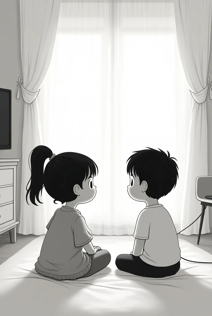  a girl and a boy of about  talk while watching television,  in black and white, Let the drawings be simple without so much detail  