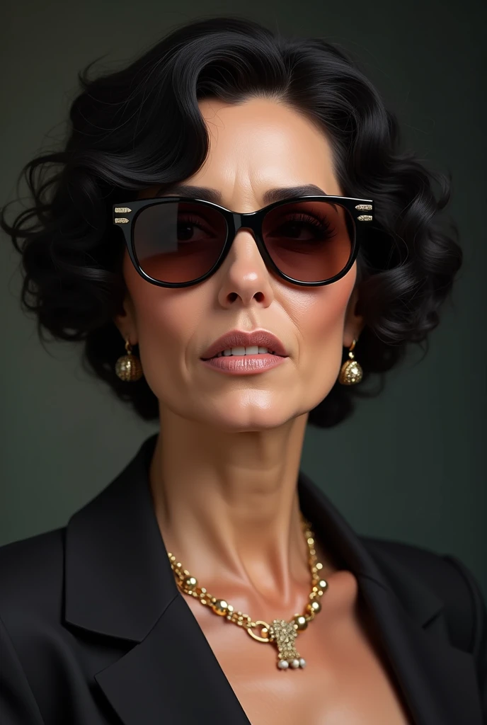  50-year-old woman . Short black and curly and curly hair. with sunglasses.