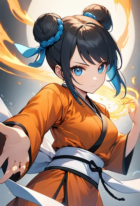 Upper body close-up（((masterpiece), on)A dynamic anime-style illustration of a young female martial artist character inspired by fantasy and adventure themes. She is wearing a green and orange outfit with a flowing white belt tied around her waist. The out...