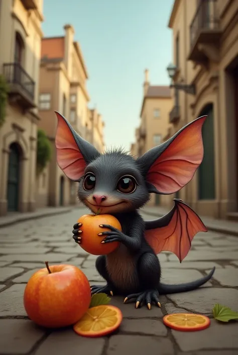 Cute bat in an old city eating fruit