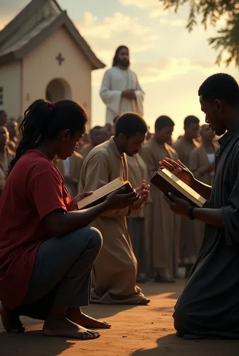 A group of black ren in the village outside the church worshipping and kneeling down praying to God with Bibles in their hand s bare footed with Jesus Christ at a far distance watching them praying 