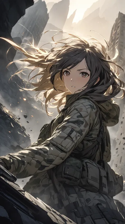 1 girl, ( confident face ),  Short Hair, to many hairstyle,  Military Jacket ,  CAMOUFLAGE CLOTHES ,  Skin Like Pottery ,  medium breasts, break, Mountainous Regions, Cool light, (Calm Light :1.1),  Atmosphere Feeling Dangerous , break, City Ruins, At dusk...