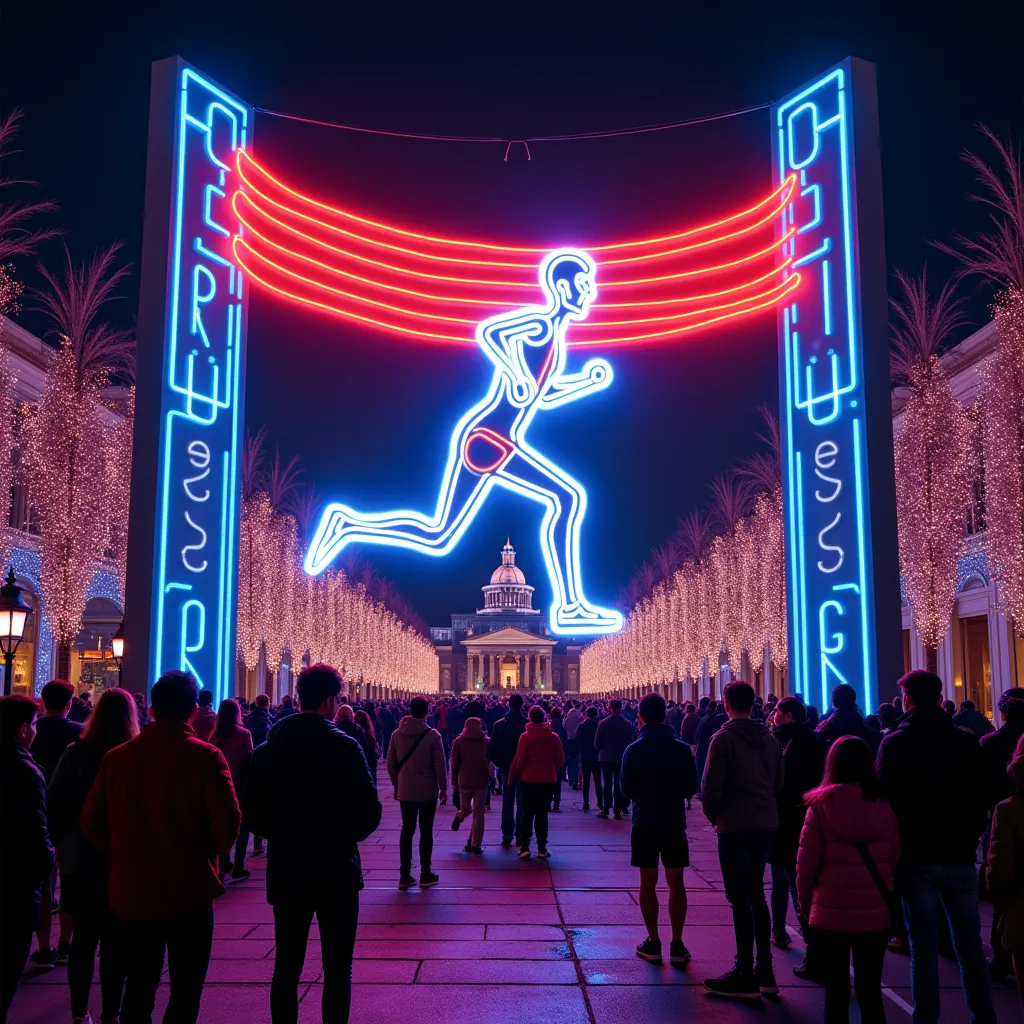  neon sign shining on the exterior wall of the building 、 Building with a large neon sign imitating a runner cutting goal tape while hooray、 Glittering neon lights shining in a variety of colors 、Glico's neon sign in Osaka 、 tourists taking a commemorative photo under the sign 。