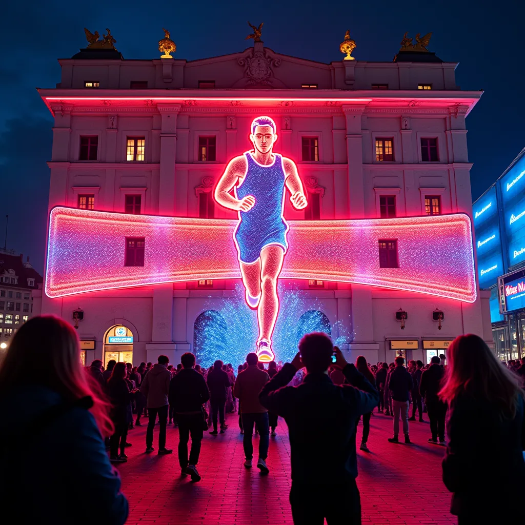  neon sign shining on the exterior wall of the building 、 Building with a large neon sign imitating a runner cutting goal tape while hooray、 Glittering neon lights shining in a variety of colors 、Glico's neon sign in Osaka 、 tourists taking a commemorative photo under the sign 。