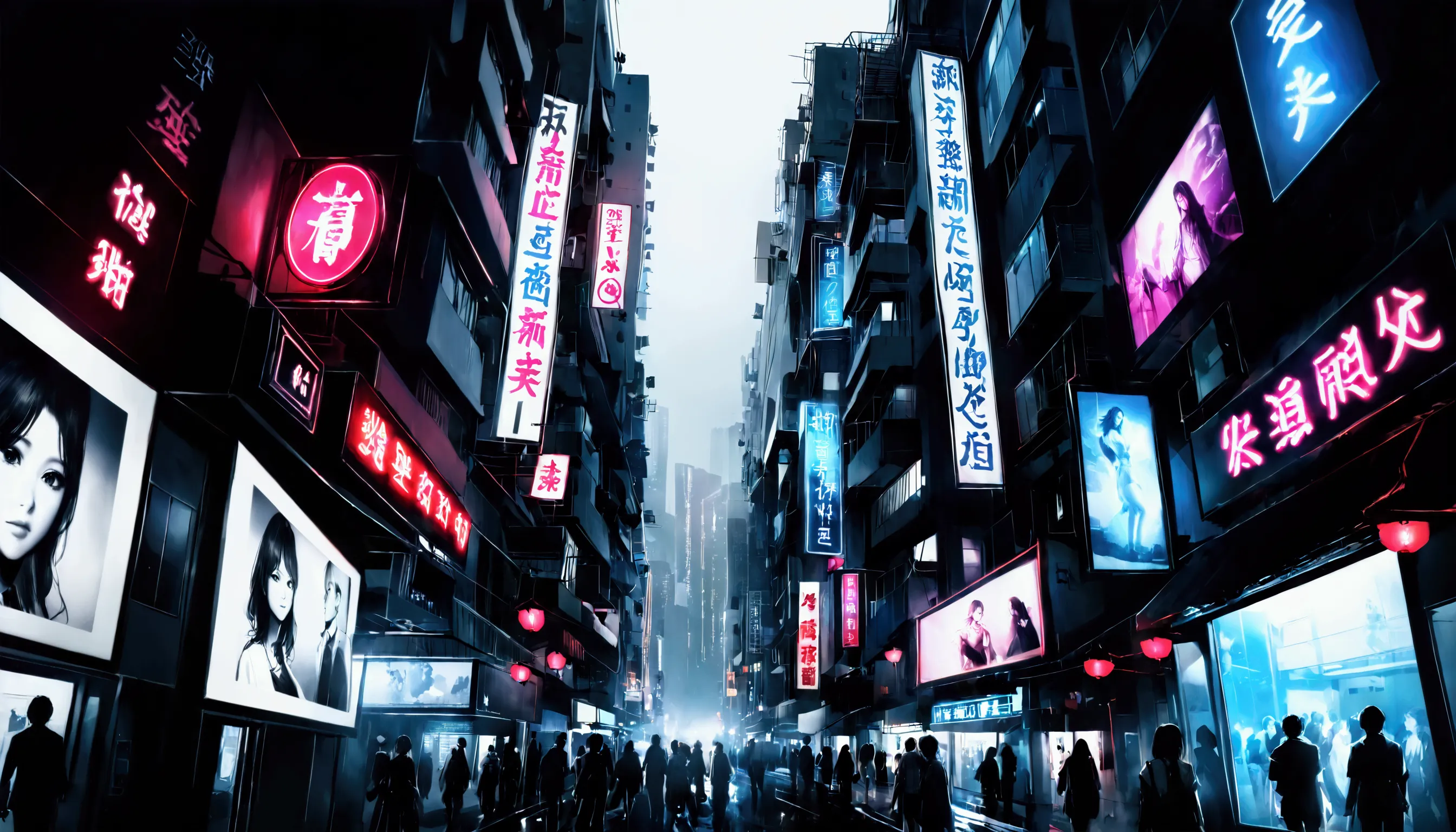 (snapshot:1.3) photo. of Beautiful Hong Kong neon city. realistic photos.Lively people of night entertainment district.fixed focal lens, (black and white photos:1.3), high contrast,Hong Kong action cinema style,great lighting,dynamic angle, . BREAK .qualit...