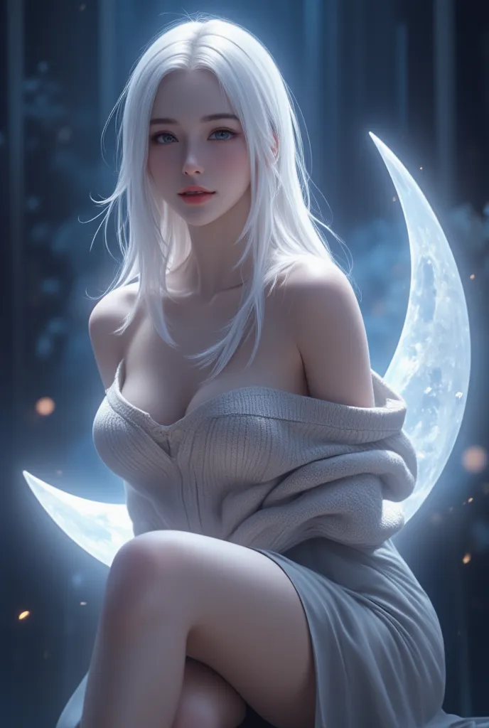 mysterious illustration fantasy art, cool beauty, sitting on a crescent moon, white shiny silky hair, forehead, make up, amorous...