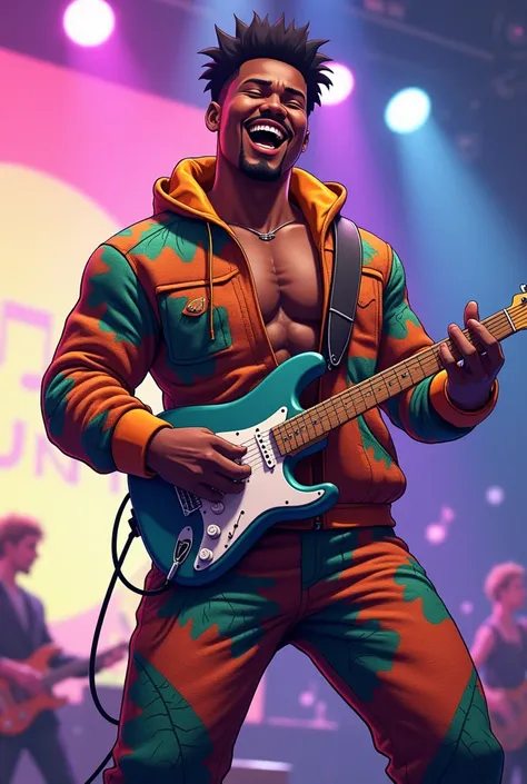 I want to create an anime-style character with a dinosaur jumpsuit who is singing and he has to be an adult and black male and I want it in GIF format