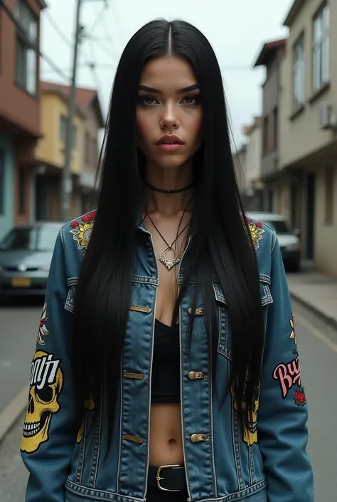  It creates an image of a woman in the middle of the street in the neighborhood of her back, slender body, from half waist up ,  wearing a denim jacket embroidered with a skull with the name RUZXEL, her very long and straight black hair falls in front of h...