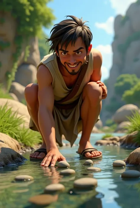 Davi( a 20 year old man without a beard)Picking up the five pebbles from the river In a shallow stream , Davi is crouching ,  choosing five smooth pebbles .  He is still wearing his simple tunic and sandals ,  with the sling attached to his belt . The wate...