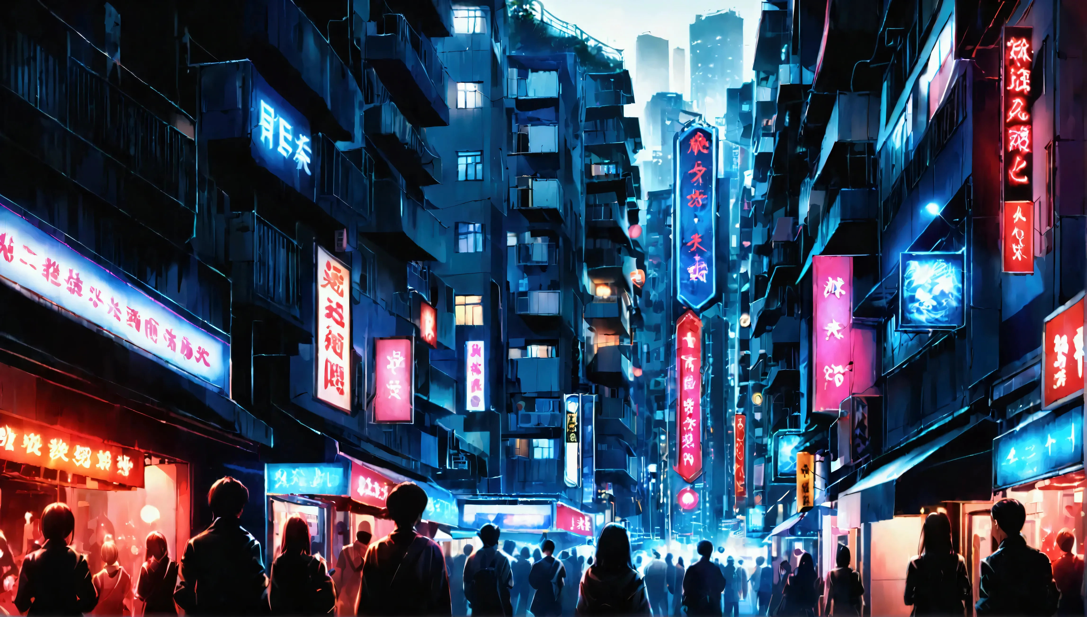 (snapshot:1.3) photo. of beautiful hong kong neon city. realistic photos.lively people of night entertainment district.fixed foc...