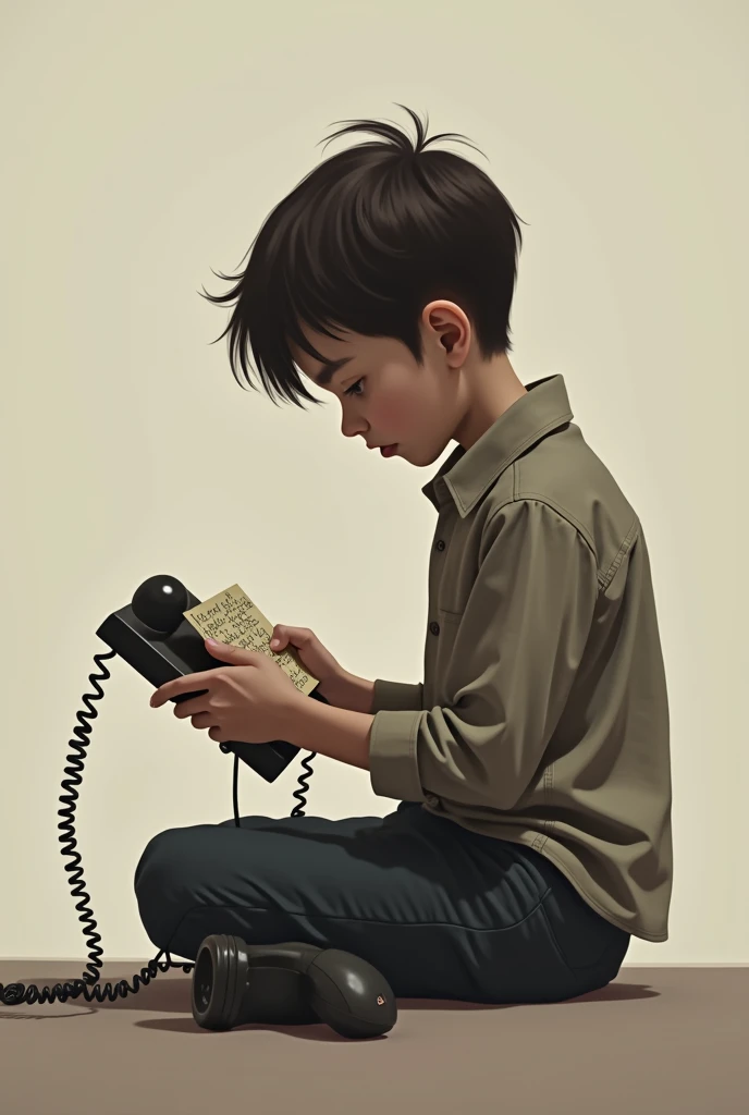 boy sitting in profile with a cable phone and a paper note in his hand