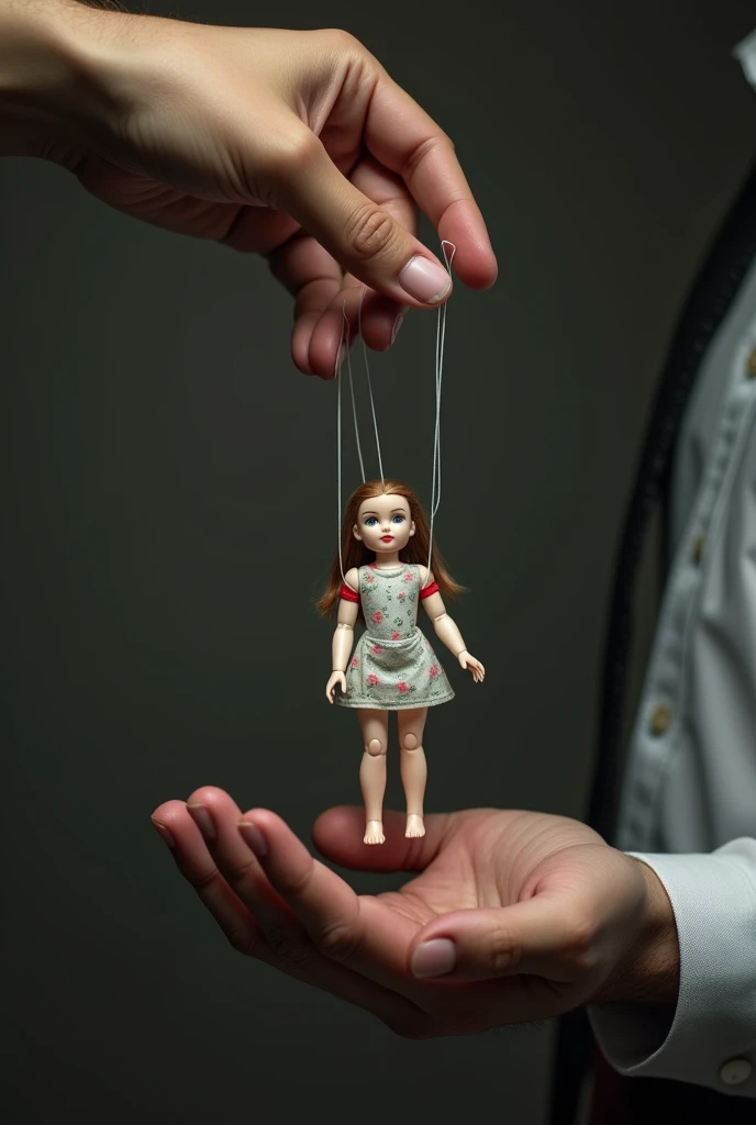 A male hand controlling a doll with strings controlling a man