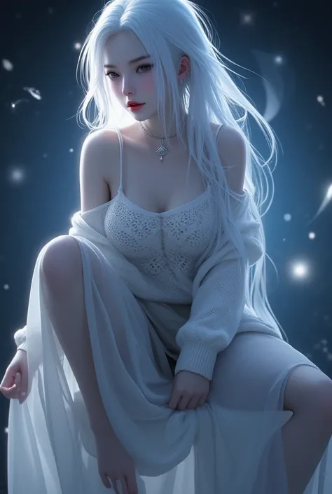 mysterious illustration fantasy art, cool beauty, sitting on a crescent moon, white shiny silky hair, forehead, make up, amorous and lewd expression, captivating eyes, curvaceous, wearing girly loose sweater and long skirt, various effects, delicate and dy...