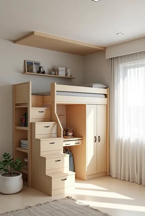 2 space saving loftbed with study area, stairs with drawers and closet