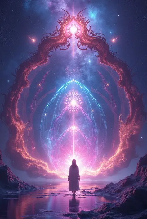  Image of a brilliant portal , spinning with astral energy ,  where signs of signs intertwine in intense colors such as violet and fuchsia.  Spirits and mystical beings emerge from the portal ,  representing the search for destiny through the stars .