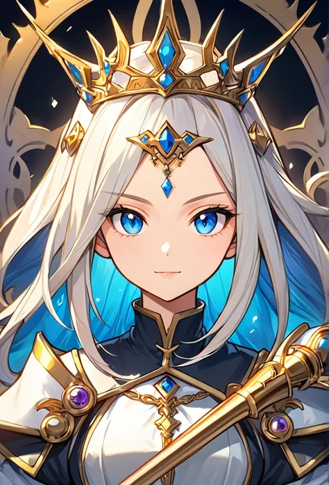 Upper body close-up（((masterpiece), on)A close-up portrait of a cartoon-style female cleric in a fantasy uniform, featuring intricate, concept art-level detailing. The character has a serene and focused expression, adorned with a crown and holding a scepte...