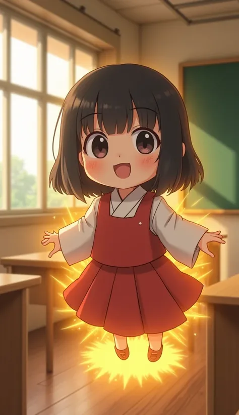 zashiki warashi yokai, identical  form, same bobbed hair, same playful expression, same floating ability, same golden aura, teacher clothes, kindergarten classroom, identical supernatural features, teaching setting, 8k, photorealistic