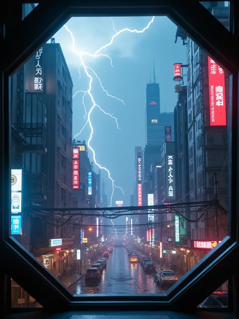  The background is a city , Lightning in the sky,  Very detailed,  cyberpunk , neon,  high detail , Ultra-realistic, Movie ,  octagonal rendering , 16K, Mobile Wallpaper, Science Fiction， neon lights 