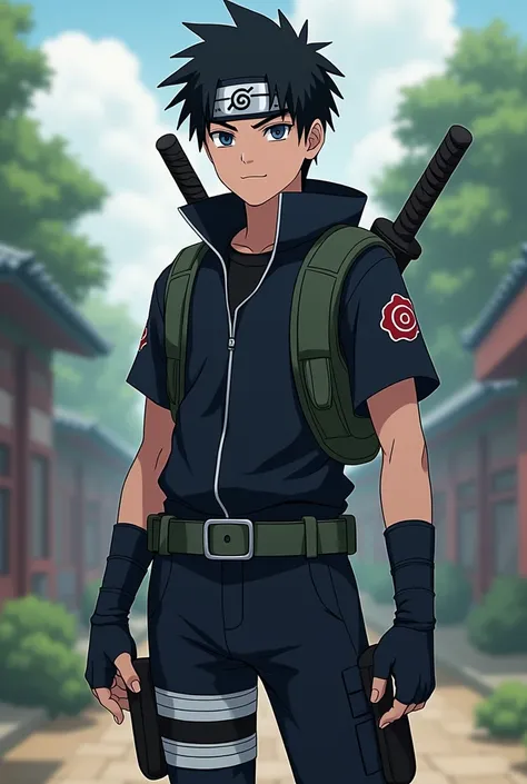 Seventeen-year-old anime boy peeled black dark blue eyes a tight black t-shirt under a dark blue combat suit a black pants with ninja weapons with the Konoha symbol from Naruto Naruto anime style Naruto con la banda de konoha en la frente 