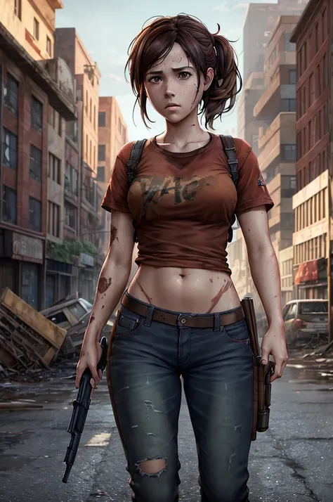 NSFW, Masterpiece, 1.4 Top Image 4K, Ellie The Last Of Us, Brown Hair, Red Shirt, Dark Blue Pants, Rendering In An Apocalyptic City, Showing Panties, Ultra Realistic, 4K Wallpaper, EnvyBetterHands LoCon.