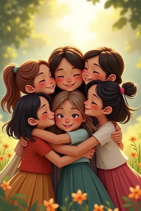 6 girls hugging one in the center