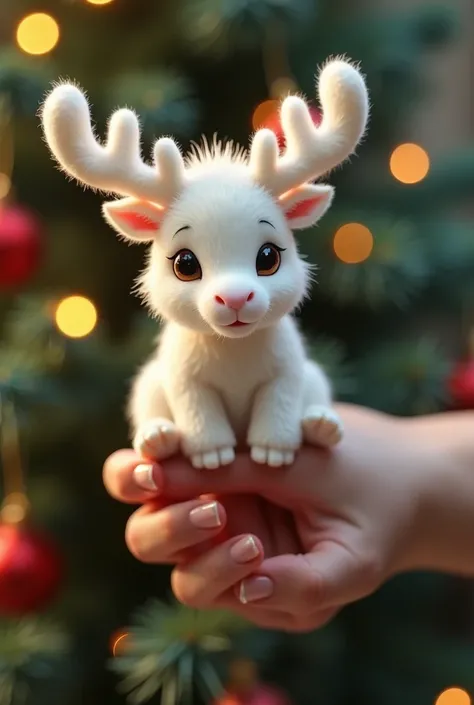 A white realistic cute mini moose on top of a human finger, sense of scale. The environment with Christmas tree with lights  
