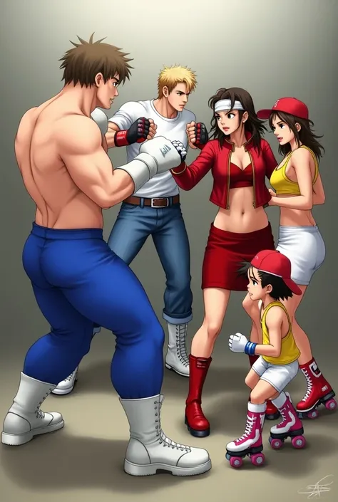  4 characters on the left strong muscular man straight brown hair shirtless royal blue wrestling pants and white boots in the center on the left blond man white t-shirt jeans sneakers Nike white red band on the head mma gloves in the center on the right wo...