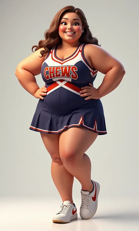 photorealistic full body photo of plus size cheerleader, brunette teen girl,(art by Agnes Cecile:1.2), (elegant pose:1.5),(hands on hips:1.5), (smile:1.2),(realistic:1.5),high quality,(lovely) ,intricate detailed cheerleader costume, ((highly detailed tops...