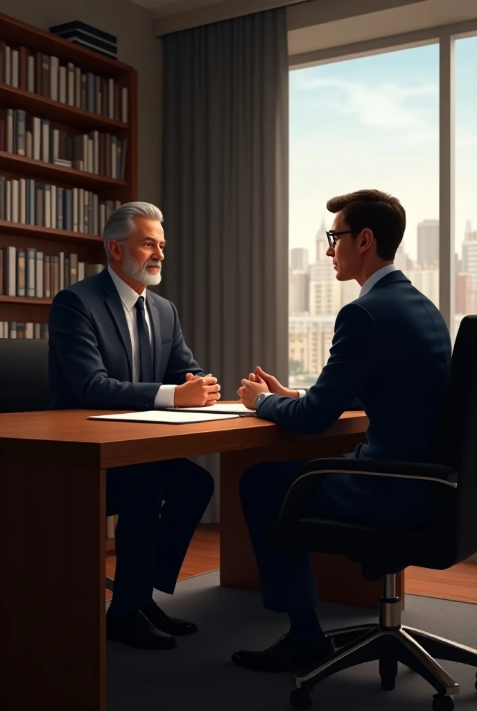 lawyer at his desk talking to the client in a serious manner