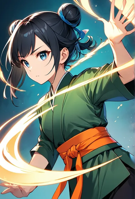 Upper body close-up（((masterpiece), on)A dynamic anime-style illustration of a young female martial artist character inspired by fantasy and adventure themes. She is wearing a green martial arts gi with an orange belt tied around her waist. The outfit feat...