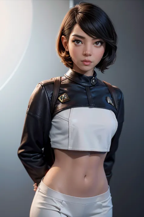 female crew member of the uss enterprise from star trek,  short hair , brown eyes, confident and determined , firm stance,  safe...