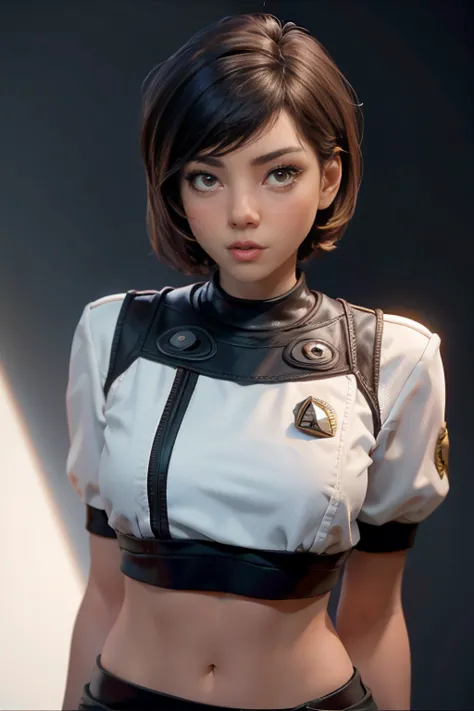 female crew member of the uss enterprise from star trek,  short hair , brown eyes, confident and determined , firm stance,  safe...