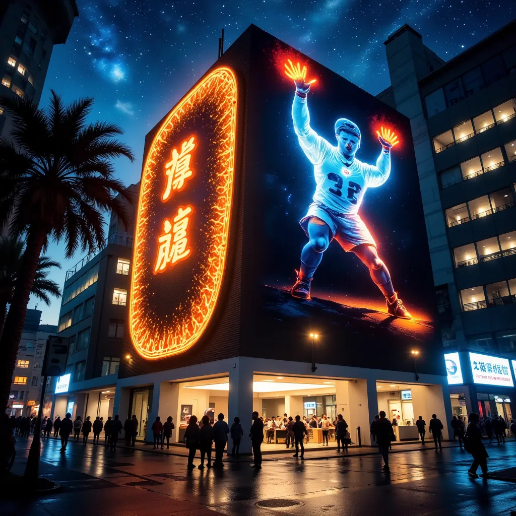 neon sign shining on the exterior wall of the building 、a building with a large neon sign imitating a runner cutting goal tape w...