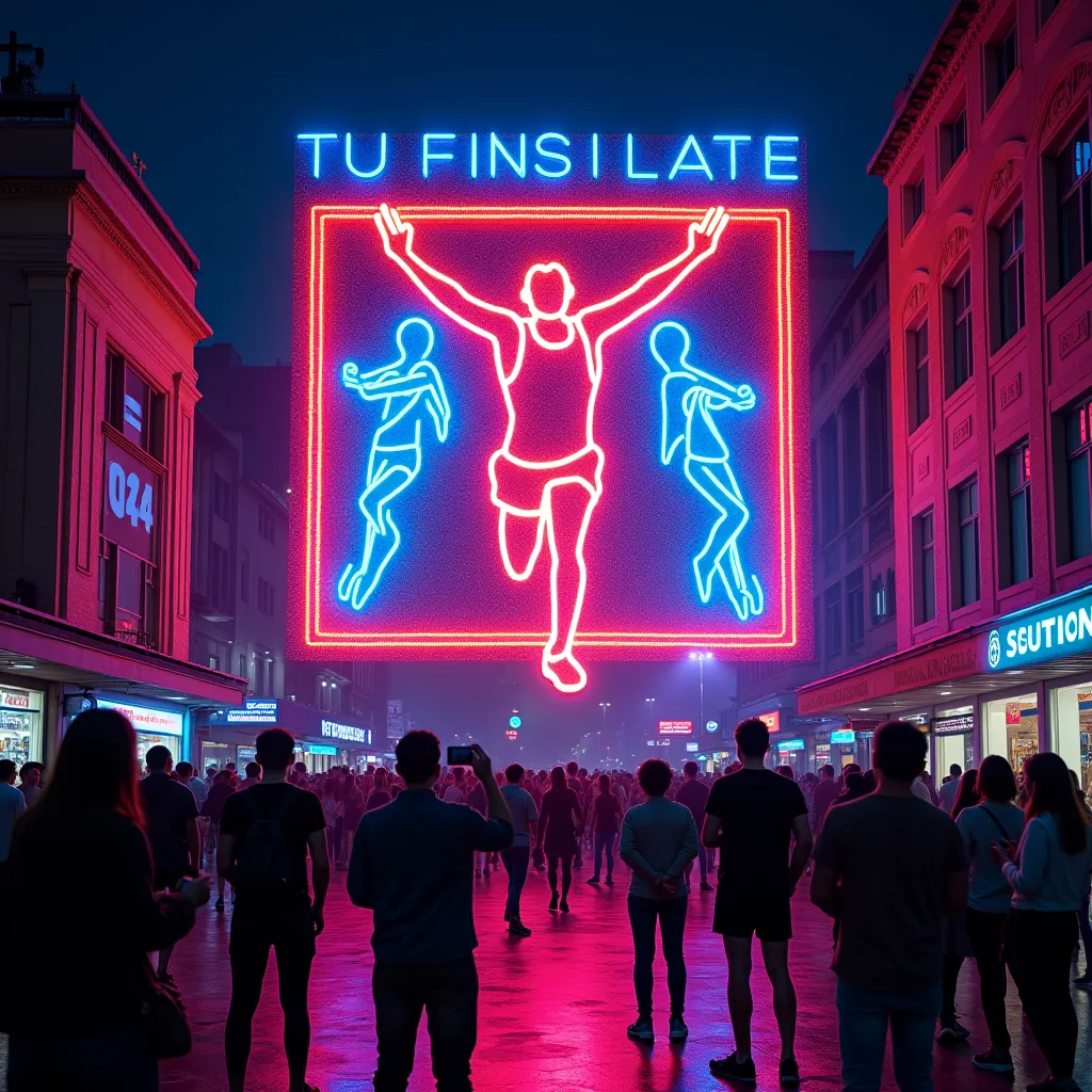  neon sign shining on the exterior wall of the building 、A building with a large neon sign imitating a runner cutting goal tape with both hands raised、 Glittering neon lights shining in a variety of colors 、Glico's neon sign in Osaka 、 tourists taking a commemorative photo under the sign 。