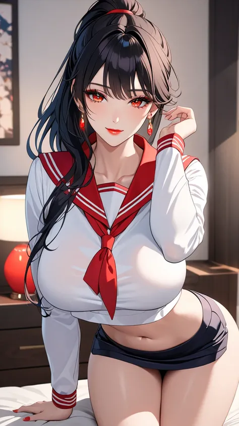 super Highest quality　masterpiece　High resolution　masterpiece,Black hair, Red glowing Eyes, messy  hair, high pony tail, seductive smile, seductive lips, tight, bedroom, mature female, earrings wearing long sleeves sailor uniform, big breast, ultra beautif...