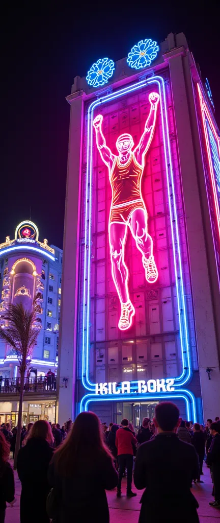  neon sign shining on the exterior wall of the building 、A building with a large neon sign imitating a runner cutting goal tape with both hands raised、 Glittering neon lights shining in a variety of colors 、Glico's neon sign in Osaka 、 tourists taking a commemorative photo under the sign 。