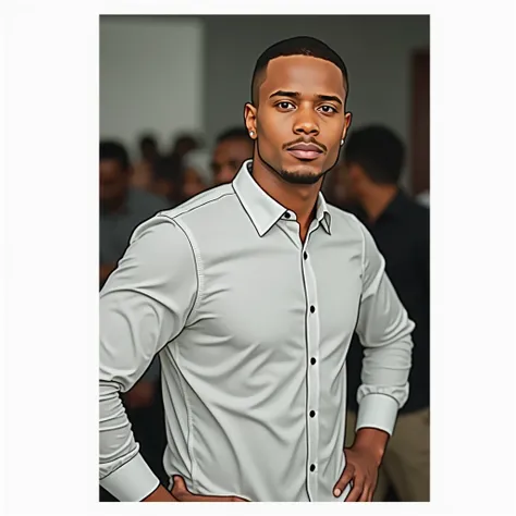 
dark-skinned man, short hair, light brown skin, black eyes, dressed in a white shirt