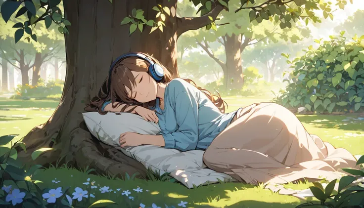  best quality,Woman sleeping under a tree , casual clothes , wears headphones,Plants