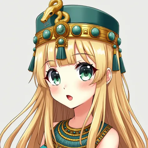 A stunning Japanese anime style illustration of a girl with long blond hair and gray-blue eyes wearing an intricate Egyptian-style headdress. The crown is adorned with glittering gold and turquoise beads, tassels and a snake print on top of the head. Her e...