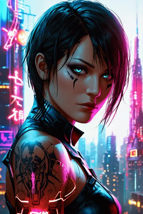 Generate a photorealistic anime-style image of a woman inspired by Faith, the protagonist of Mirrors Edge, but adapted for a cyberpunk setting. She has short black hair, an athletic build, and her signature arm tattoos, with additional neon accents to fit ...