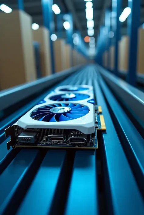 a white and blue graphics card being packed on a conveyor belt