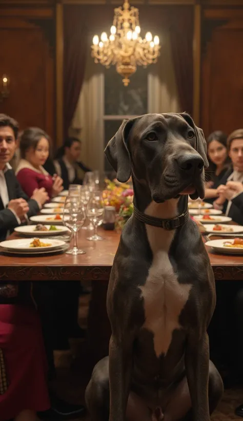 An ultra realistic scene of a large family sitting at a large dining table, in front of the camera a great dane dog with completely dark gray fur watches with a well-behaved look