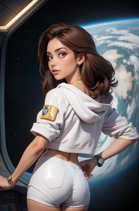  brown hair, Blue eyes, collect, (white cropped hooded top ), ( white latex shorts), gold necklace, wristwatch,  In the cockpit of a spaceship , in space ( photorealistic : 1.4),  looking back at the spectator 