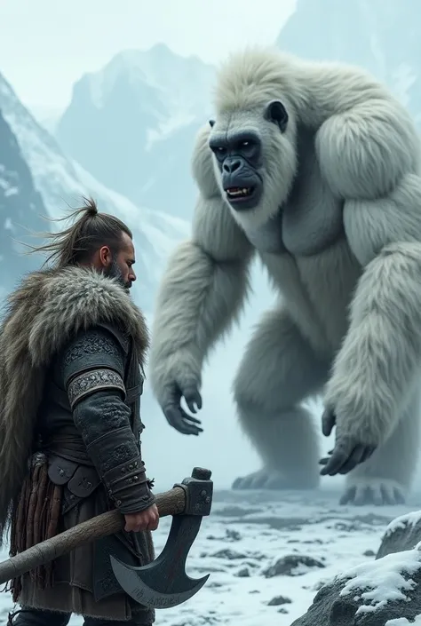 Imagine un guerrier Viking arreté devant un geant singe blanc 