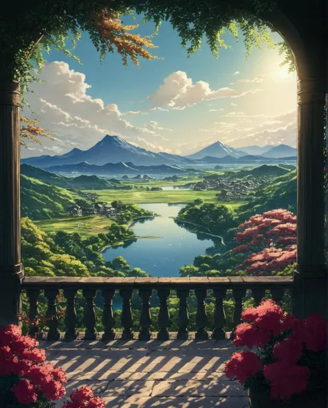 a view of a beautiful landscape with a lake and mountains, anime beautiful peace scene, detailed scenery —width 672, beautiful anime scene, beautiful anime scenery, the most beautiful landscape, detailed scenery, scenery artwork, scenery art detailed, beau...