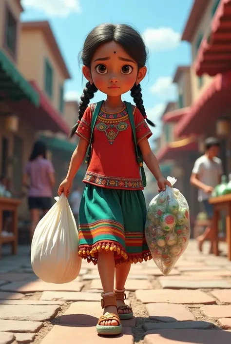  generates an image of a Peruvian girl arriving at her school , on the right hand a white plastic bag ,  and in the other hand a bag of crushed bottles that can be noticed. 