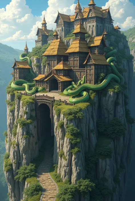 The village on top of the plateau is surrounded by steep cliffs and deep ravines with wooden walls and thatched roofs guarded by green dragon snakes 