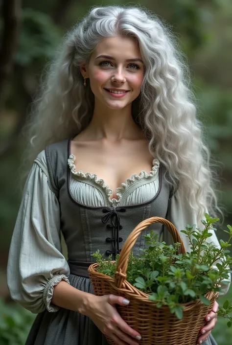 Targeryan woman ,  abundant curly silver hair,  thin body with abundant bust , pale skin, pink lips,  green eyes, Vintage clothing covered in gray adventurous period dress, friendly smile,  holding a basket with medicinal herbs 